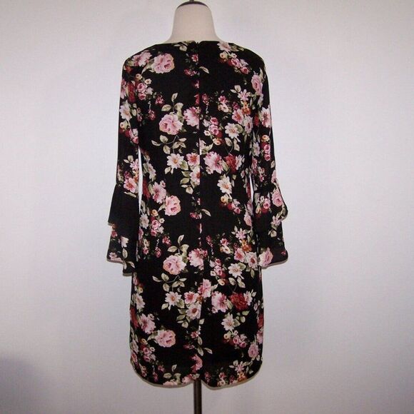 Sam Edelman Black Floral Dress Womens Sz 6 Shift 3/4 Bell Sleeves Lined V-Neck - Picture 9 of 11